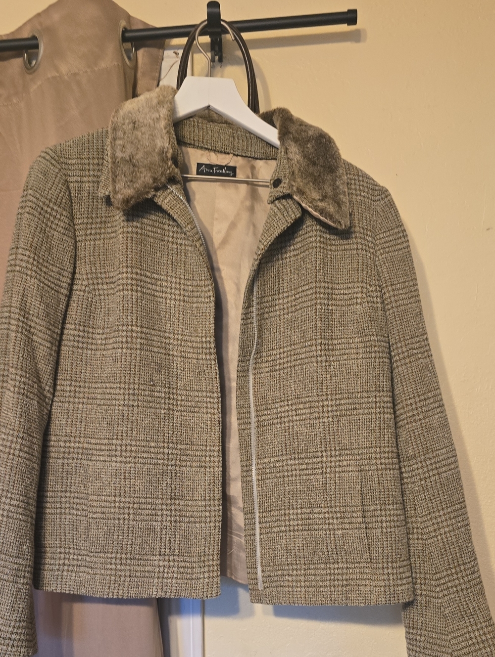Ann Freedberg Tweed Plaid Jacket with Faux Fur Collar